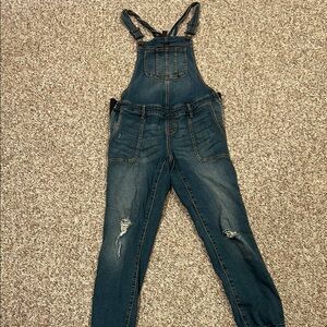 Stylish Denim Maternity Overalls with Distressed Details